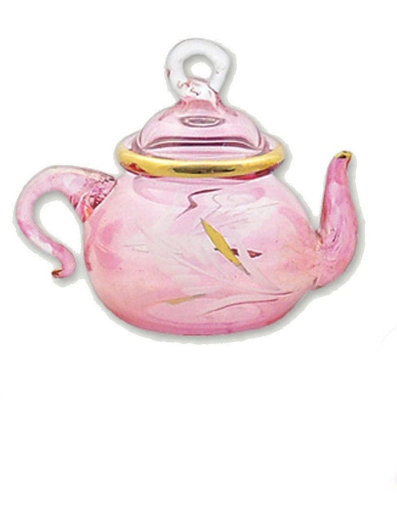 24K Gold Accents Floral Teapot Egyptian Glass Ornament 3 5/8 Pink