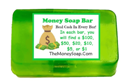 money soap - it cleans! it brings wealth! real money in every bar from 1$  to 50$ - 5 oz (141g) 