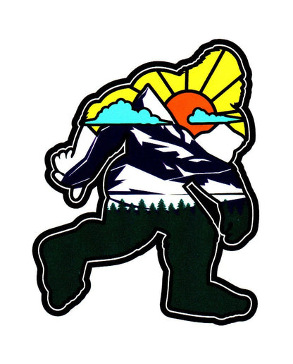 Bigfoot With Mountain And Sun Inside Blue Clouds Sticker