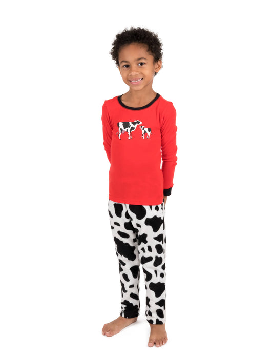 Kids Cow Print Cotton Top Fleece Pant Pajamas -