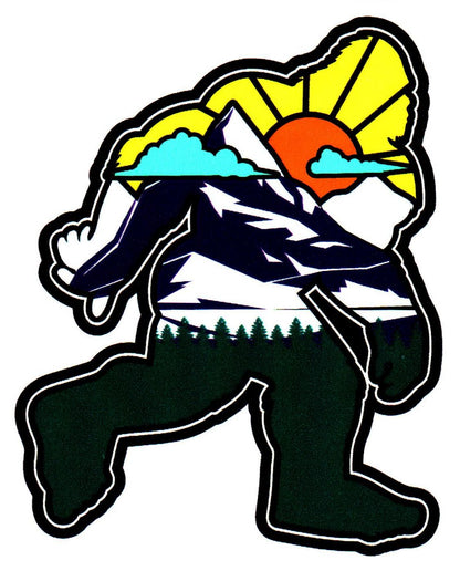 Bigfoot With Mountain And Sun Inside Blue Clouds Sticker