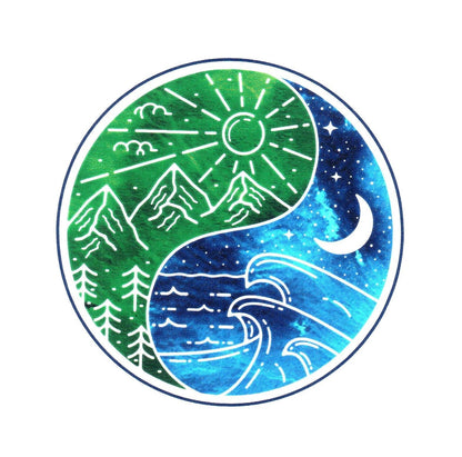 Yin Yang Green Mountains And Sun And Blue Waves And Moon Sticker