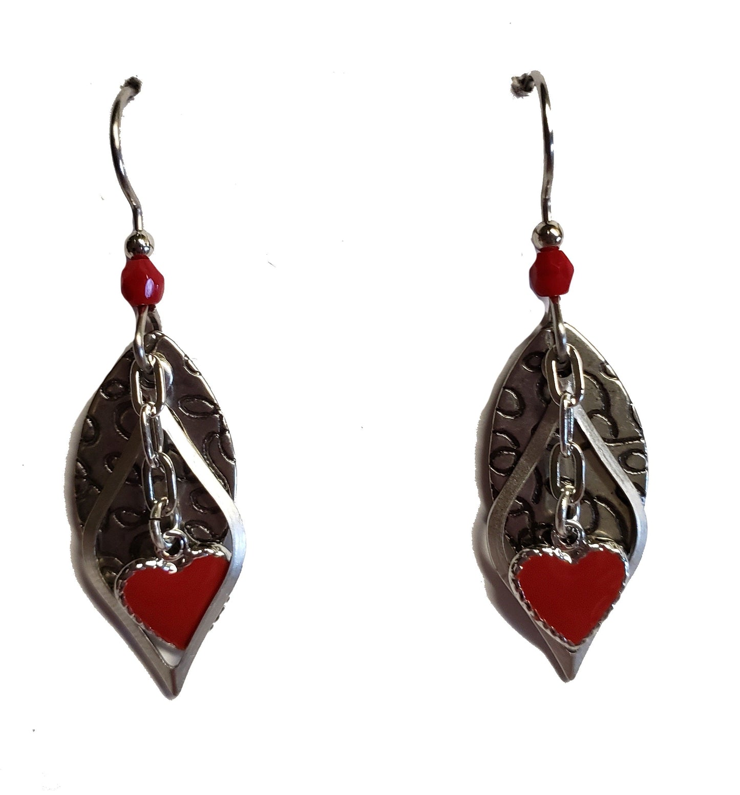 Red Hearts on Layered Open and etched shapes Earrings