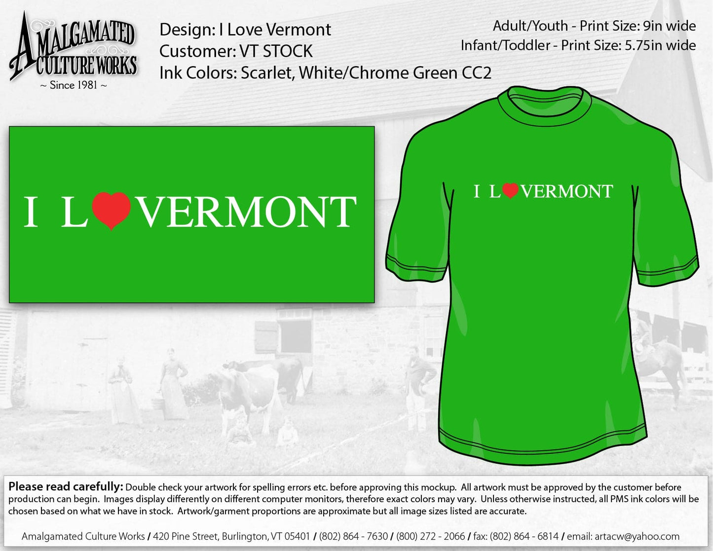 T-Shirt - I Love Vermont - Electric Green