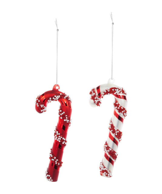 Beaded Candy Cane Glass Ornament -