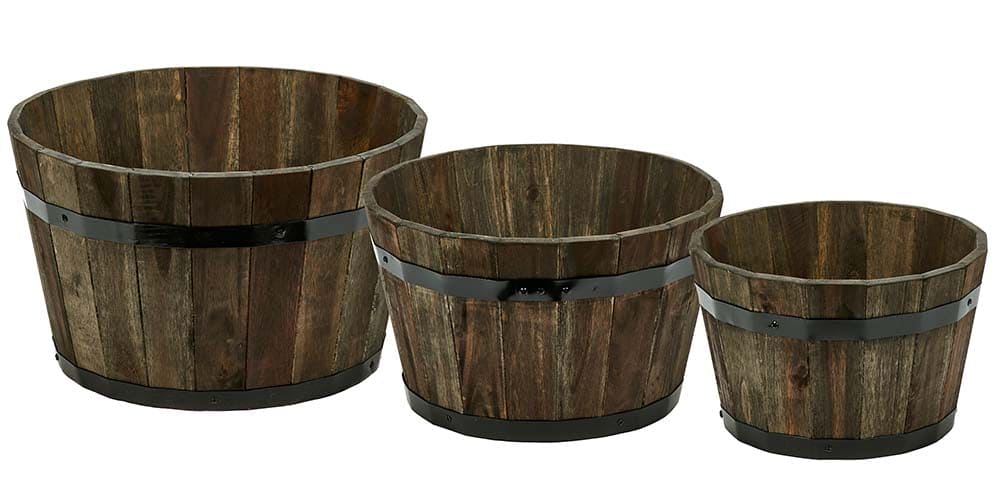 Wood Barrel Planter with Brown Oil -