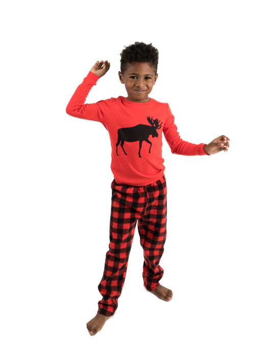 Kids Moose Print Cotton Top Fleece Pant Pajamas -