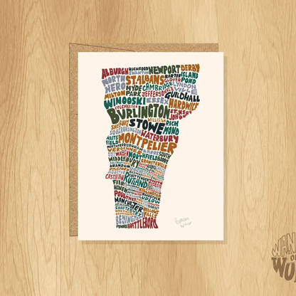 Hand-Lettered Towns of Vermont Card, Vermont Map Card