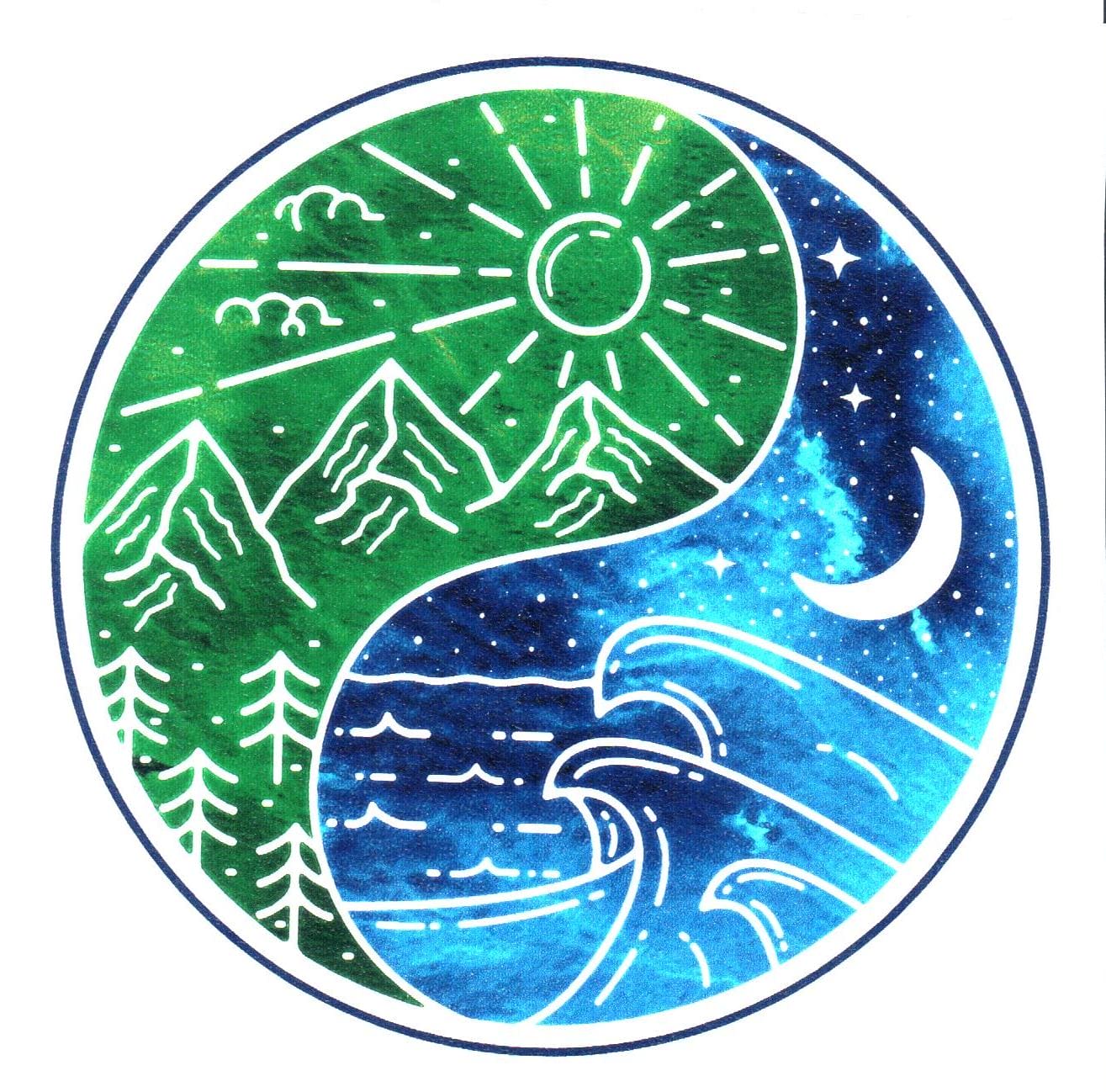 Yin Yang Green Mountains And Sun And Blue Waves And Moon Sticker