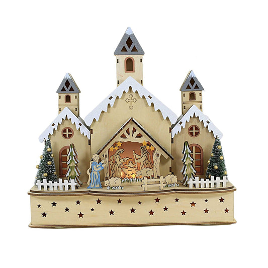 LED Wooden Church with Nativity Scene - 12 inch - Shelburne Country Store