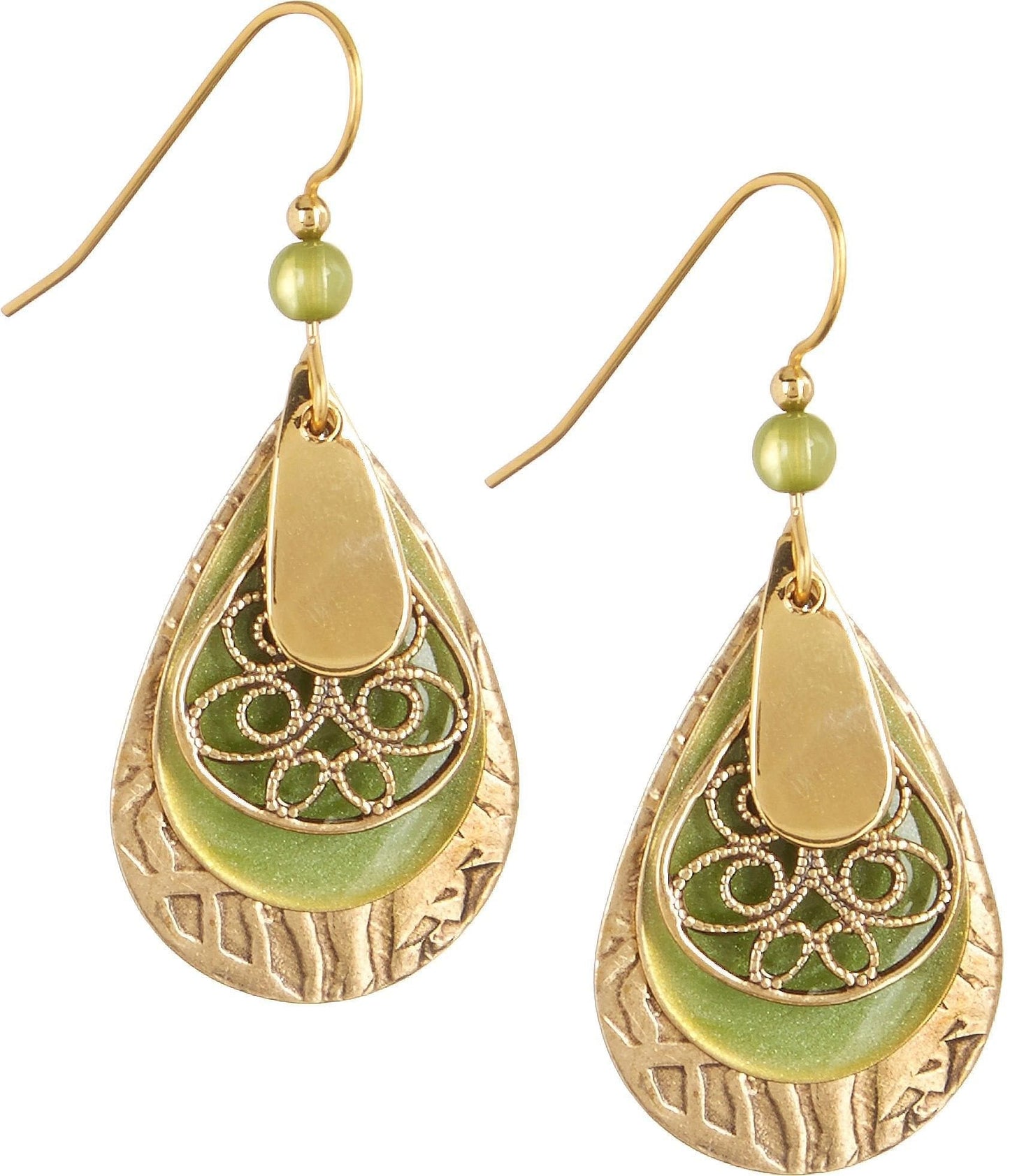 Green Enamel And Gold Filigree Teardrop Earrings - Shelburne Country Store