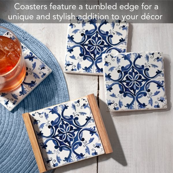 Blue & White Tile – 4 Pk Coasters and Holder - Shelburne Country Store